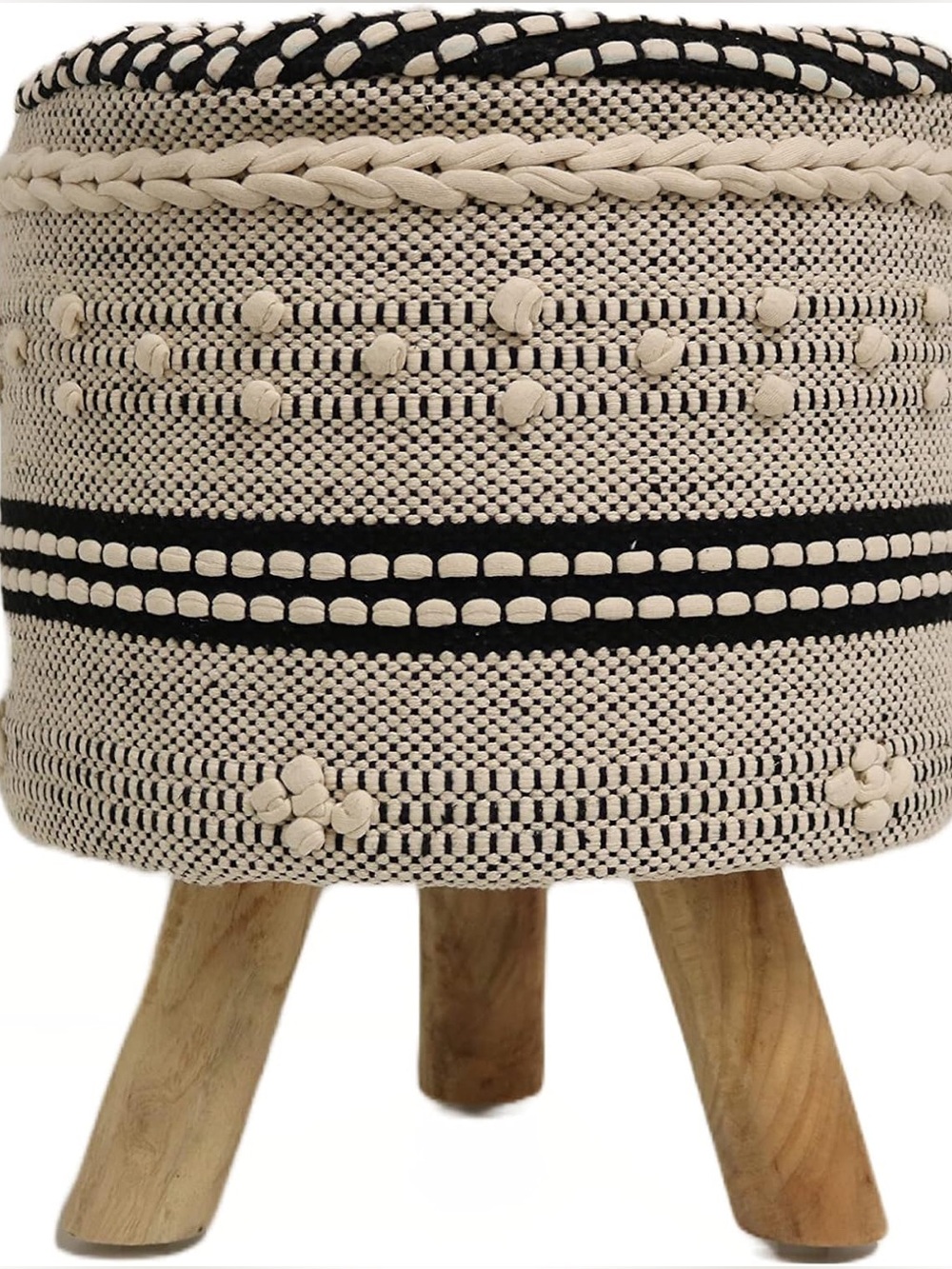 Handcrafted woven boho black and cream Pom Pom wood legs stool seat table NWT - Picture 12 of 14